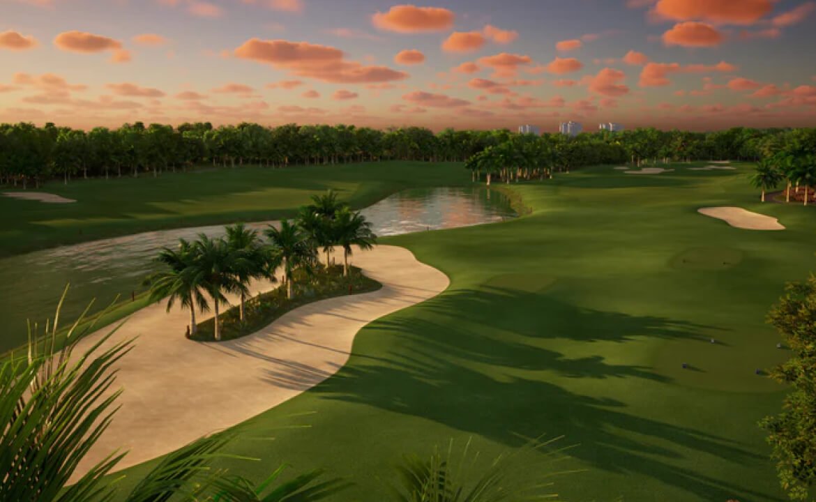 Scenic sunset golf course in Golfjoy simulator - lush fairways, glistening bunkers, swaying palm trees, and reflective water hazards under vibrant orange skies