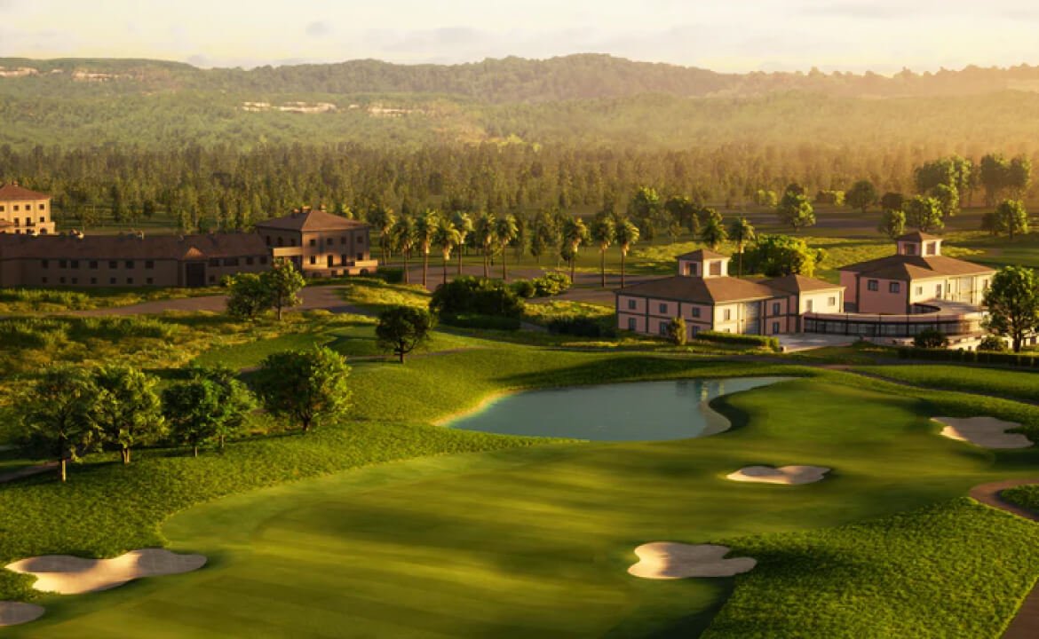 Virtual golf course at sunset with greens, bunkers, pond, and clubhouse