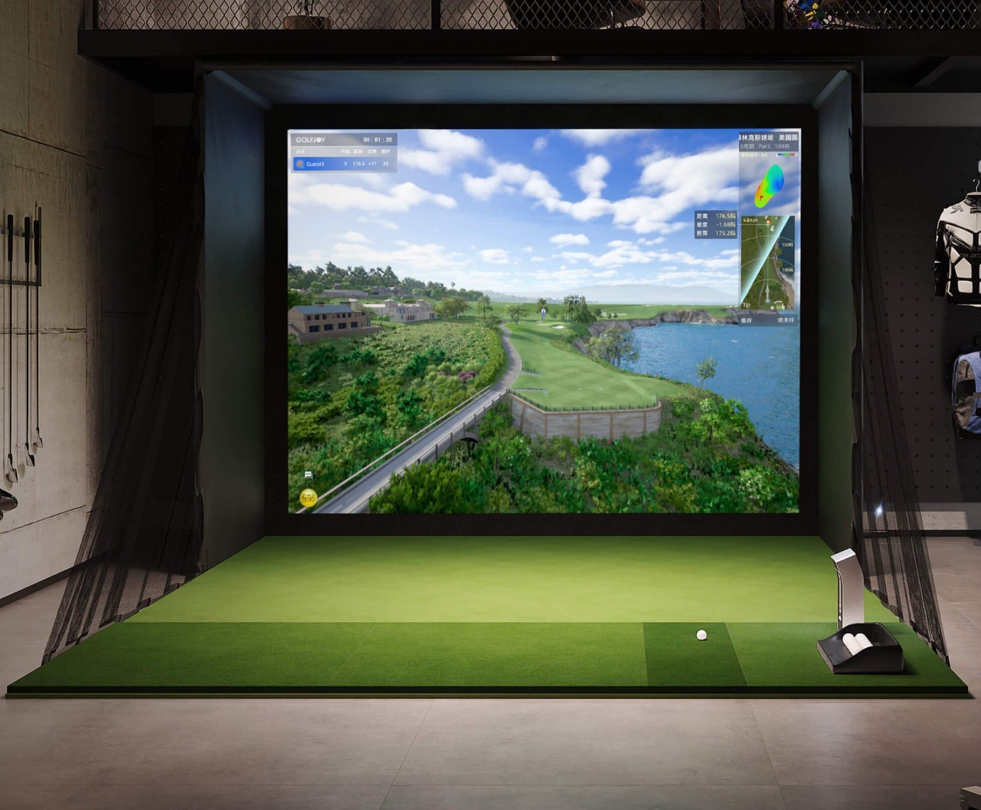 Golfjoy modern indoor golf simulator with large screen, artificial turf, clubs, and sports equipment on shelves