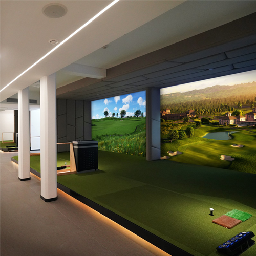 Modern overhead golf simulator room with realistic turf, large course screens, launch monitors, and minimalist lighting.